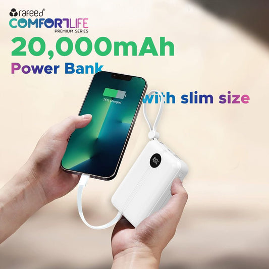 Rafeed 20000mAh Power Bank with Digital Display, PD 22.5W Fast Charging, USB-A & USB-C Outputs, Built-in Type-C Cables, Slim Portable Charger, Compatible with iPhone & Android