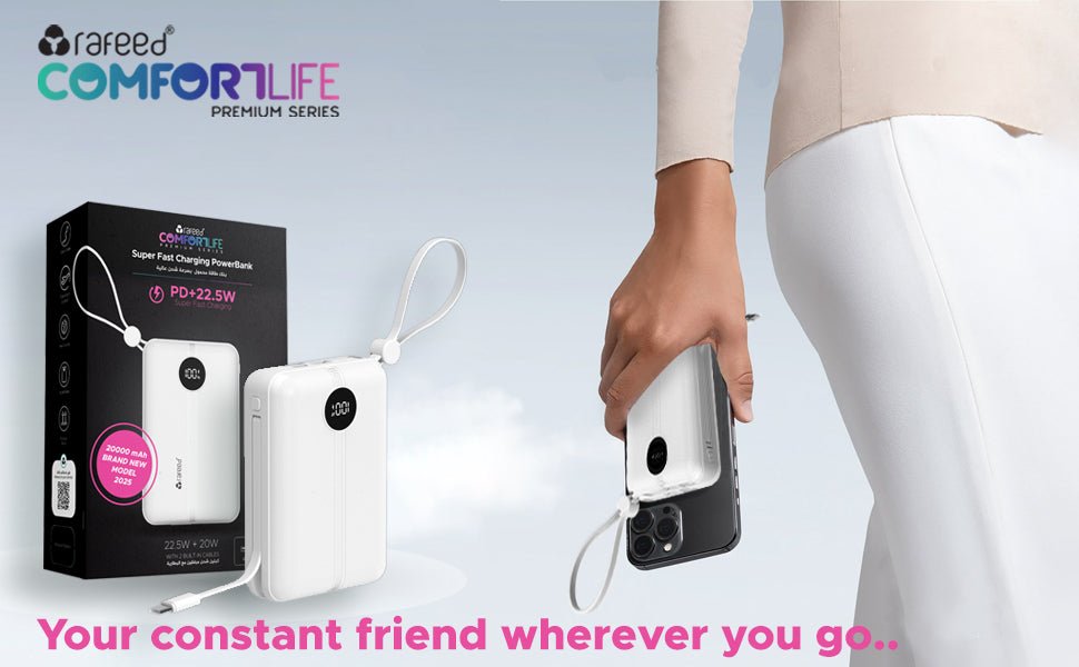 Rafeed 20000mAh Power Bank with Digital Display, PD 22.5W Fast Charging, USB-A & USB-C Outputs, Built-in Type-C Cables, Slim Portable Charger, Compatible with iPhone & Android