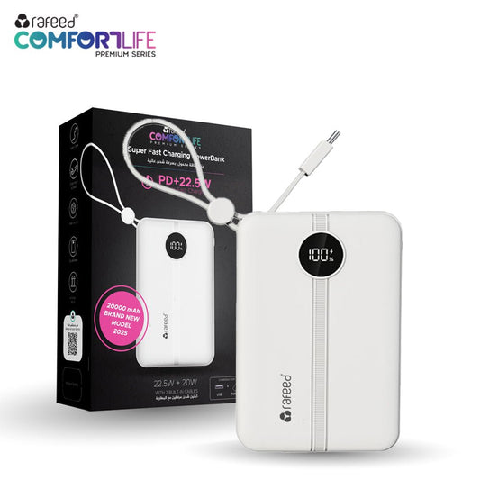 Rafeed 20000mAh Power Bank with Digital Display, PD 22.5W Fast Charging, USB-A & USB-C Outputs, Built-in Type-C Cables, Slim Portable Charger, Compatible with iPhone & Android