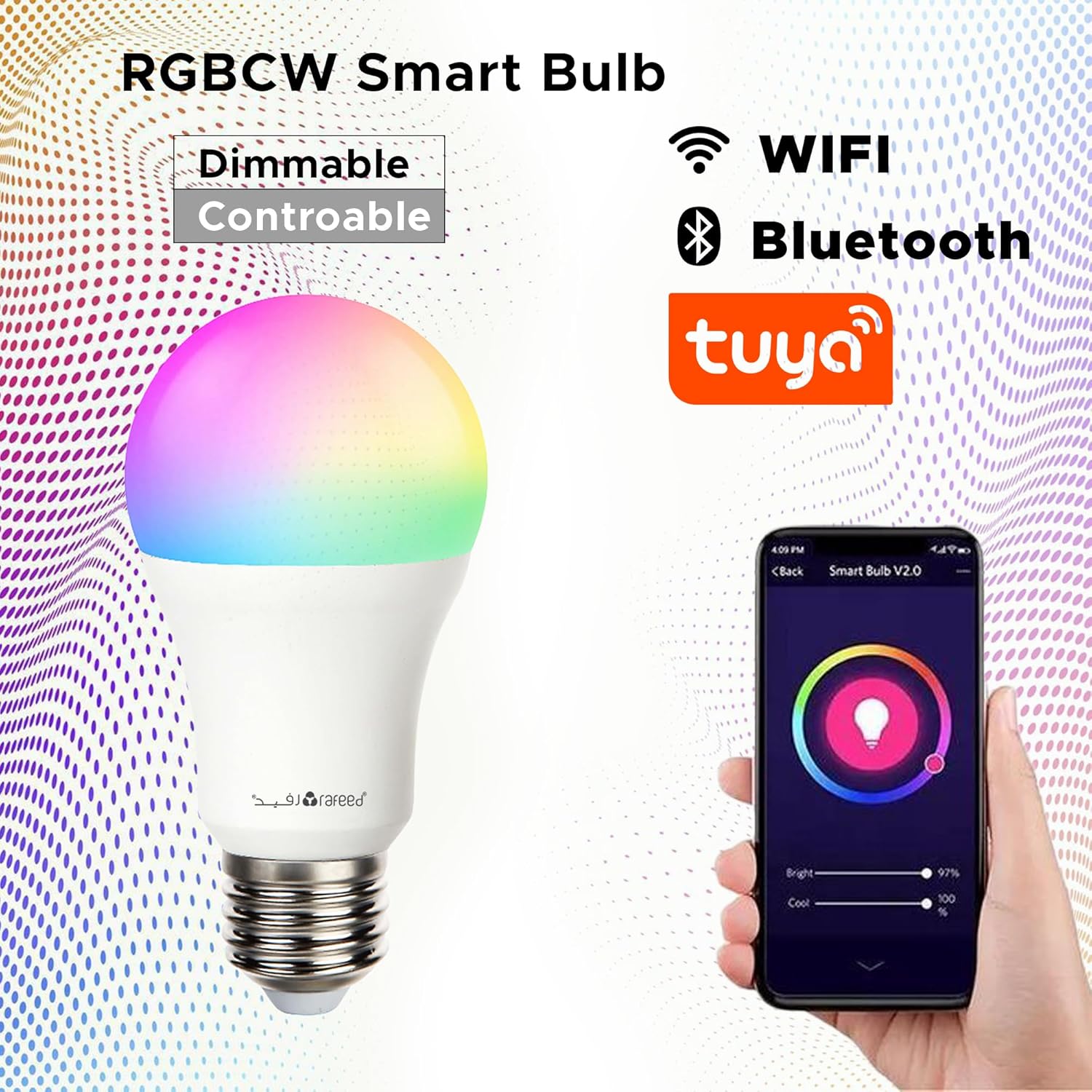 RAFEED Smart WiFi RGBWW LED Bulb E27 9W – 800LM Dimmable Smart Light with App Control, RGB Color Changing, Scheduling & Voice Compatible