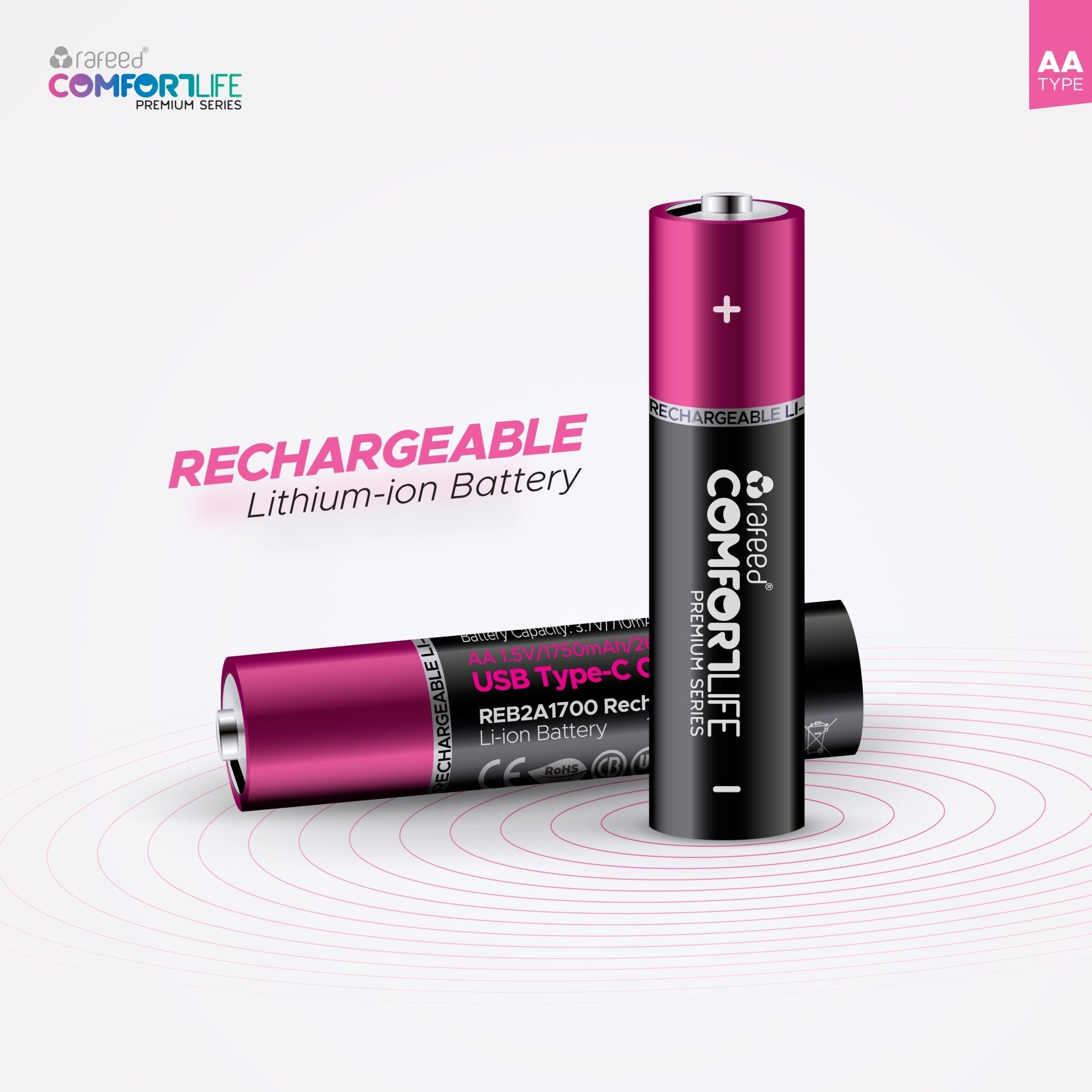 Rafeed AA 2PCS Rechargeable Lithium Batteries, 1700mAh, Type-C Rechargeable