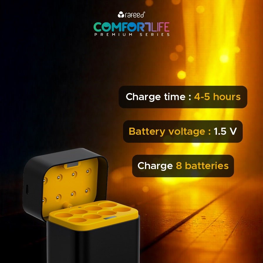 Rafeed AA Rechargeable Lithium-Ion 8 Batteries with Charging Box 8 Slots, 3600mWh (2400mAh), USB-C Fast Charger, LED Indicator, Long-Life Eco-Friendly