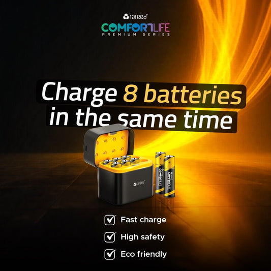 Rafeed AA Rechargeable Lithium-Ion 8 Batteries with Charging Box 8 Slots, 3600mWh (2400mAh), USB-C Fast Charger, LED Indicator, Long-Life Eco-Friendly