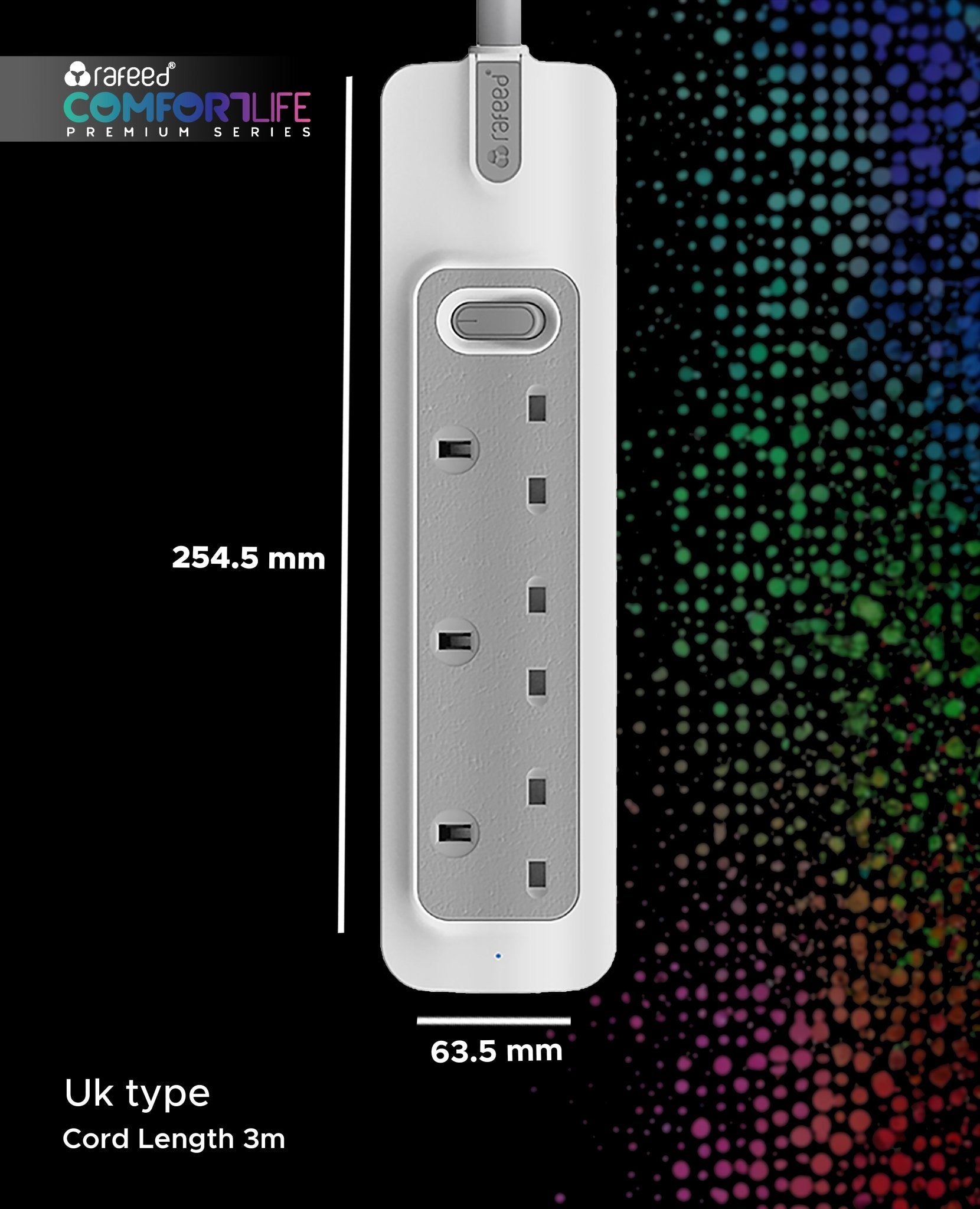 RAFEED 3 Gang UK Power Extension Socket 13A 230V with 5m Rubber Cord – Grey & White, on/off Switch, 2990W