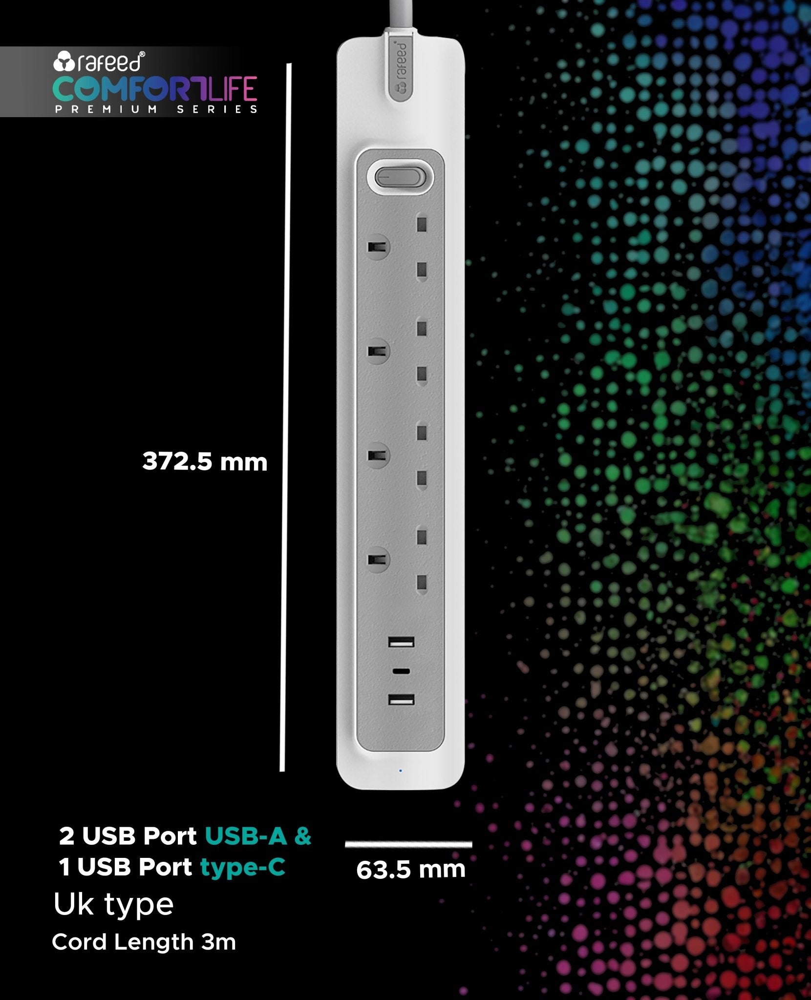 RAFEED 4 Gang UK Power Extension Socket 13A 230V with 2 USB-A & 1 USB-C Ports, 5m Rubber Cord – Grey & White, on/off Switch, 2990W