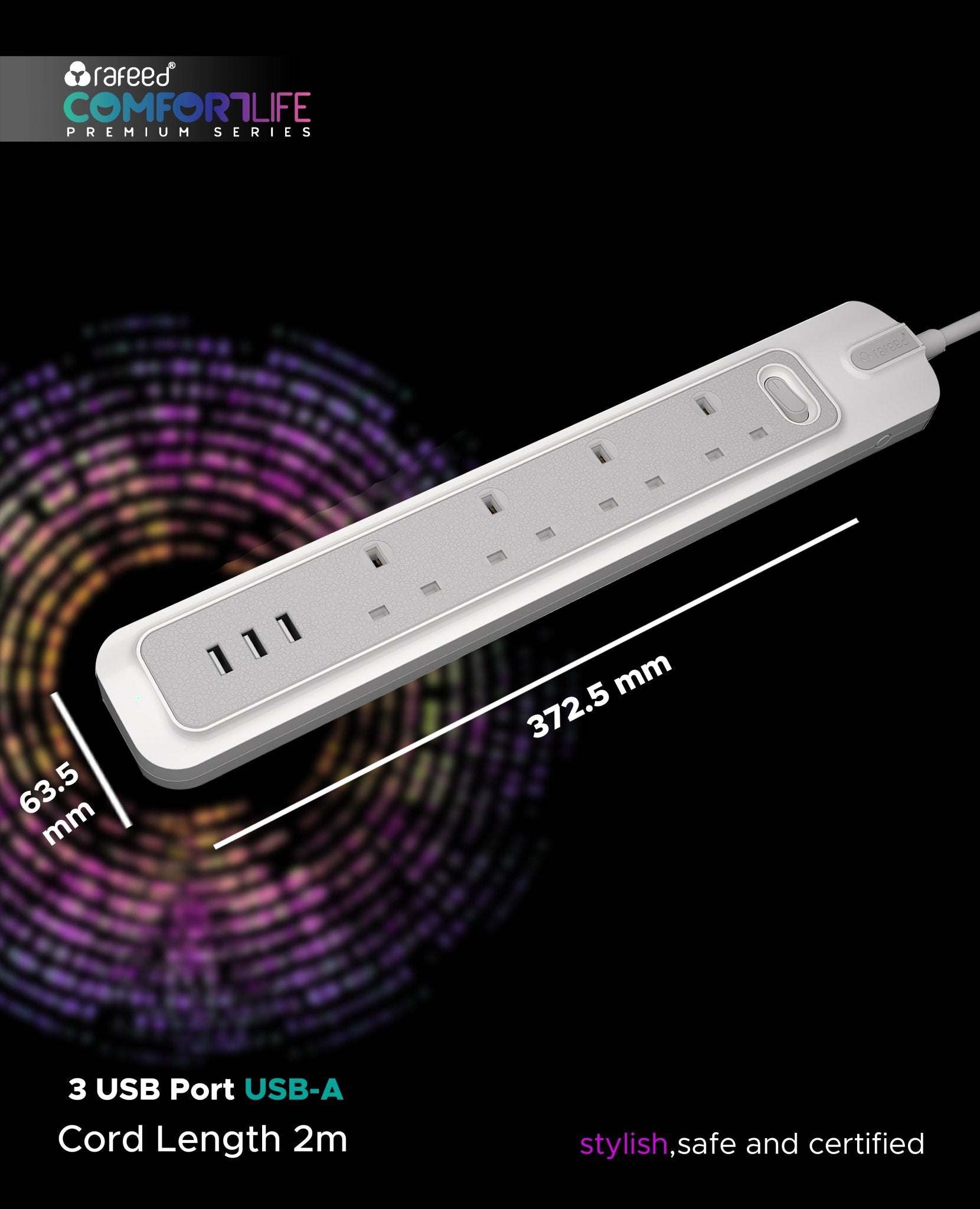 RAFEED 4 Gang UK Power Extension Socket 13A 230V with 3 USB-A Ports, 2m Rubber Cord – Grey & White, on/off Switch, 2990W