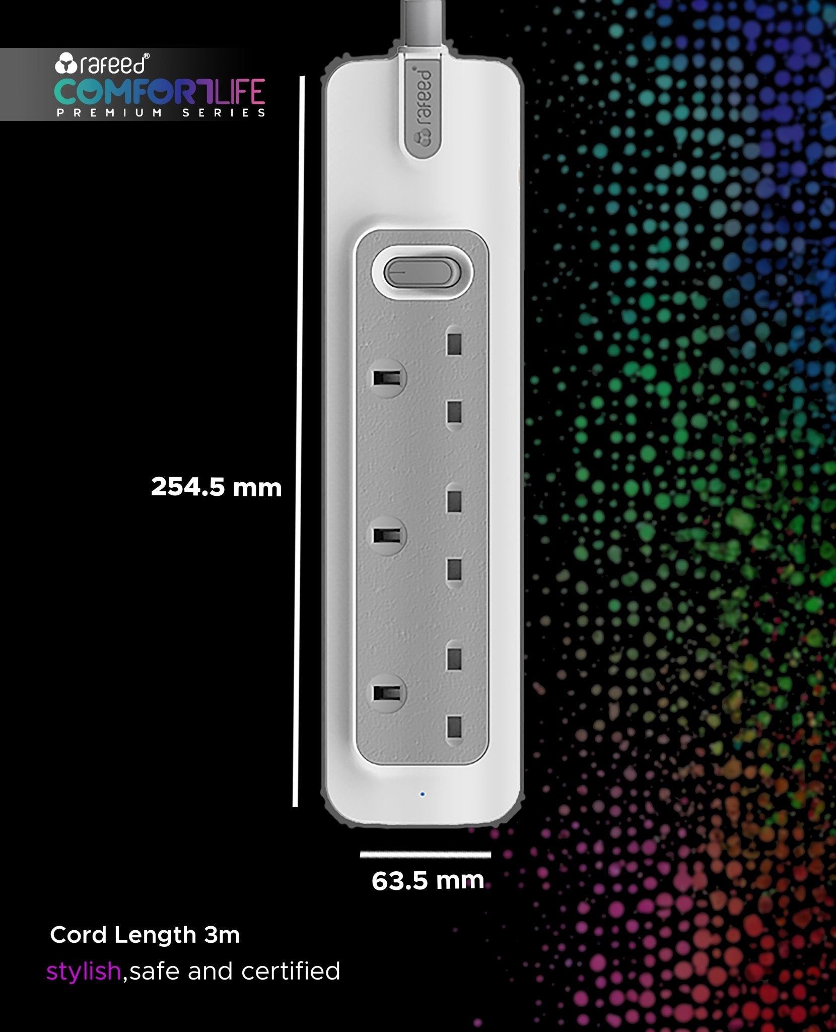 RAFEED 3 Gang UK Power Extension Socket 13A 230V with 3m Rubber Cord – Grey & White, on/off Switch, 2990W