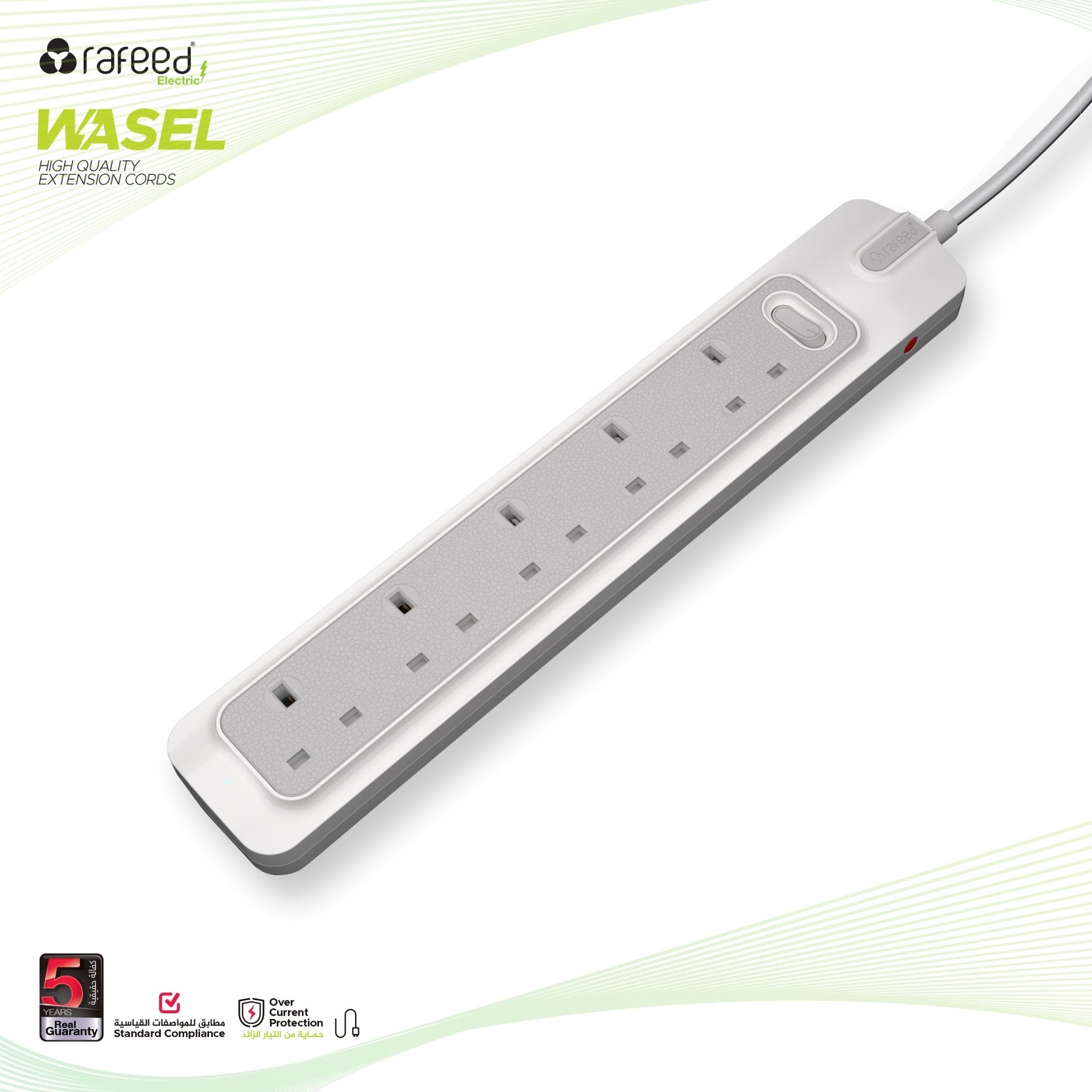 RAFEED 5 Gang UK Power Extension Socket 13A 230V with 3m PVC Cord – Grey & White, on/off Switch, 2990W