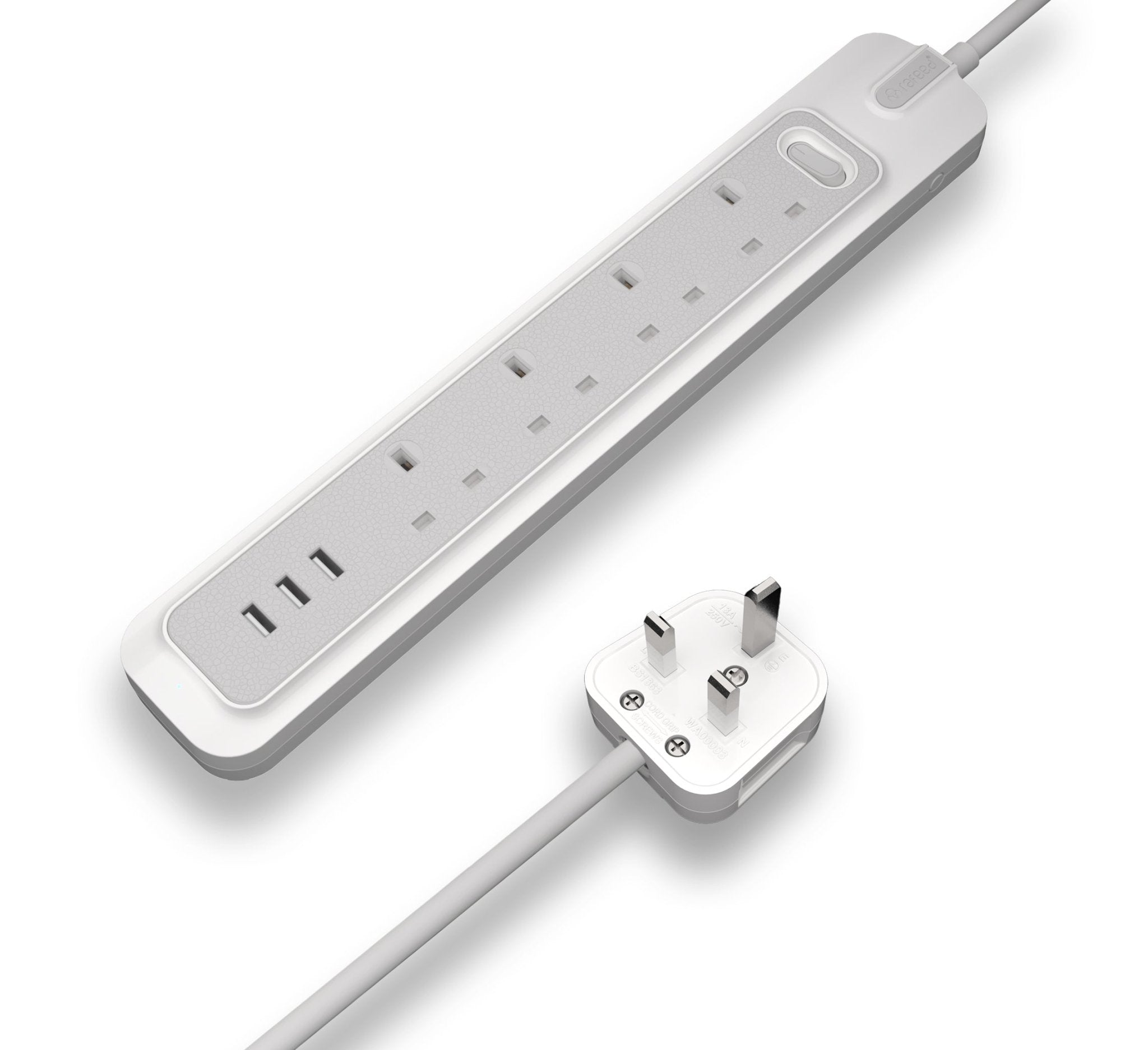 RAFEED 4 Gang UK Power Extension Socket 13A 230V with 3 USB-A Ports, 2m Rubber Cord – Grey & White, on/off Switch, 2990W