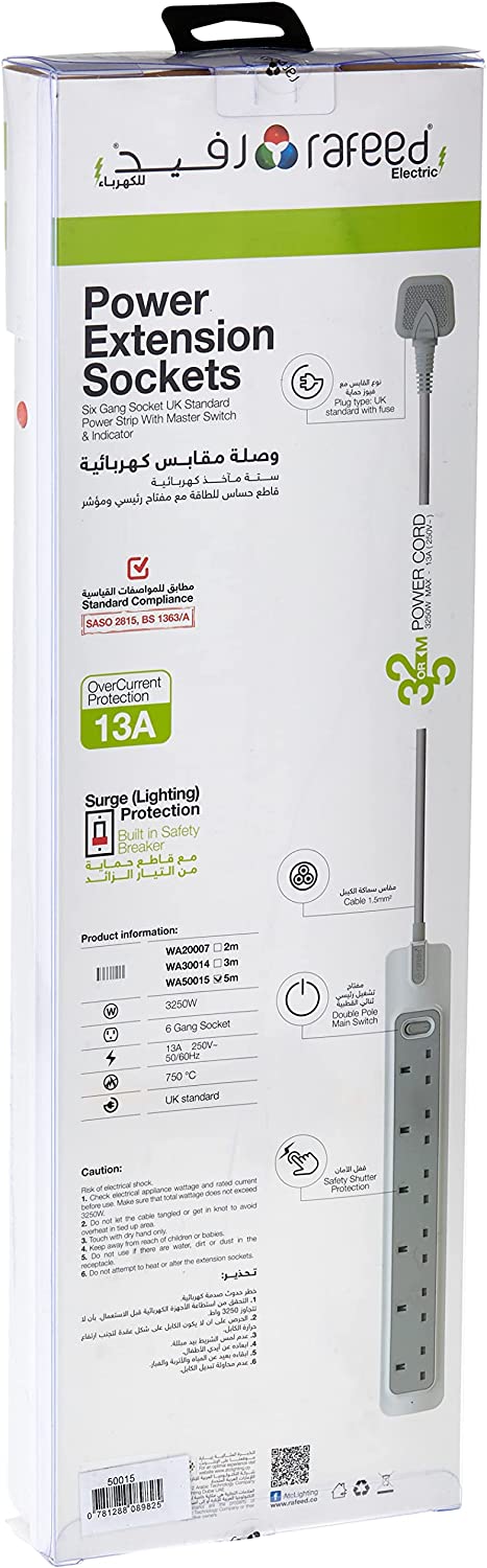 RAFEED 6 Gang UK Power Extension Socket 13A 230V with 5m Cord – Grey & White, on/off Switch, 2990W