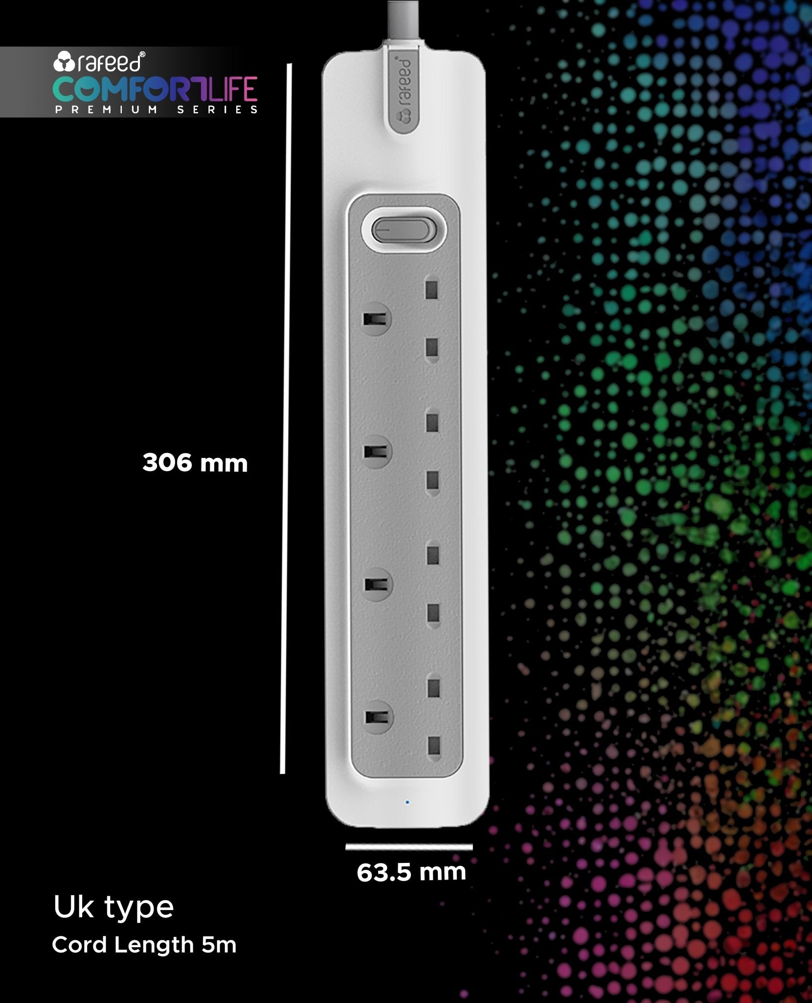 RAFEED 4 Gang UK Power Extension Socket 13A 230V with 5m Rubber Cord – Grey & White, on/off Switch, 2990W