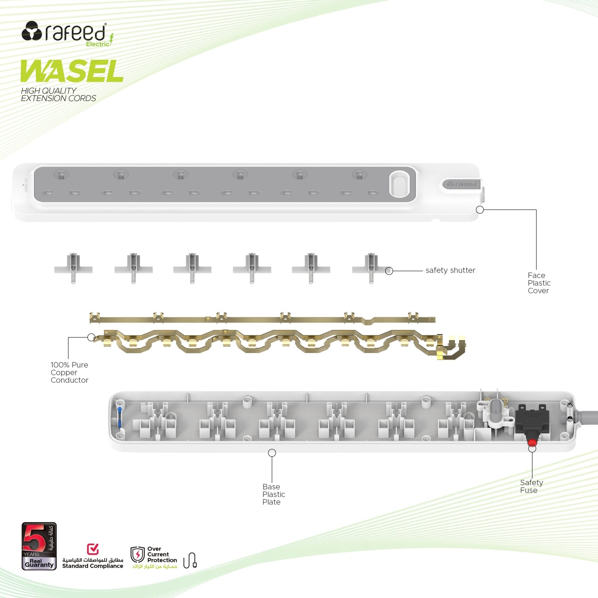 RAFEED 6 Gang UK Power Extension Socket 13A 230V with 3m Rubber Cord – Grey & White, on/off Switch, 2990W