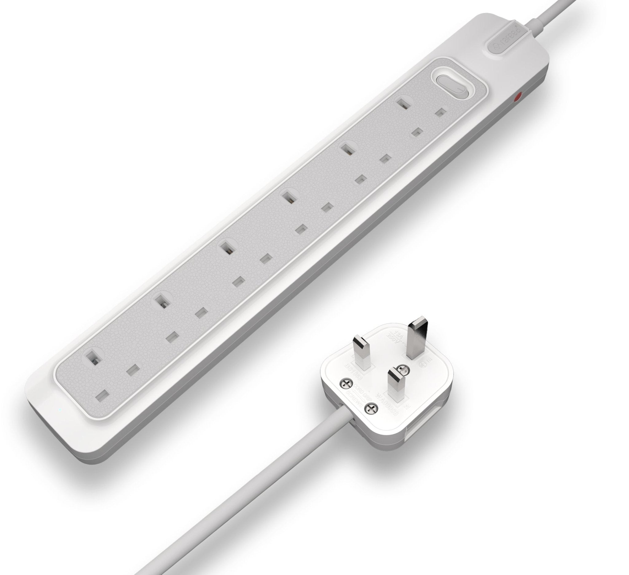 RAFEED 6 Gang UK Power Extension Socket 13A 230V with 5M Cord – Grey & White, on/off Switch, 2990W