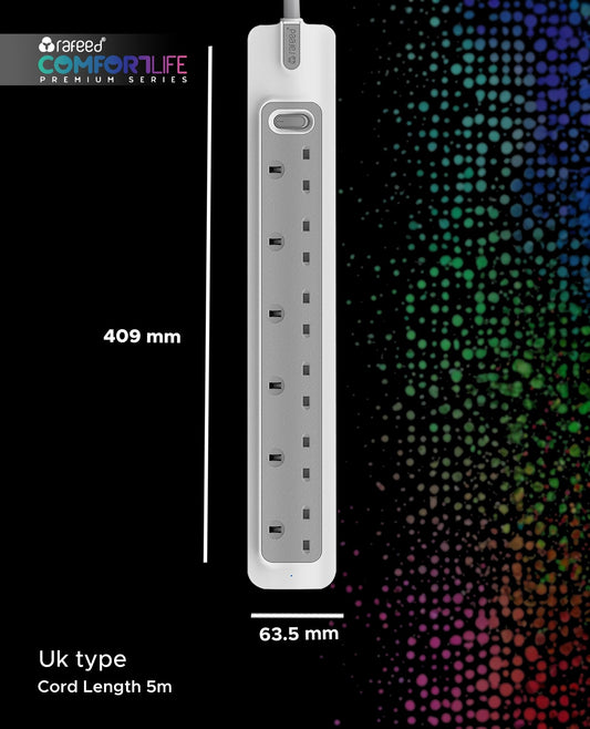 Rafeed Power Extension 5 meters 6 Sockets, on/off Switch, 2990W
