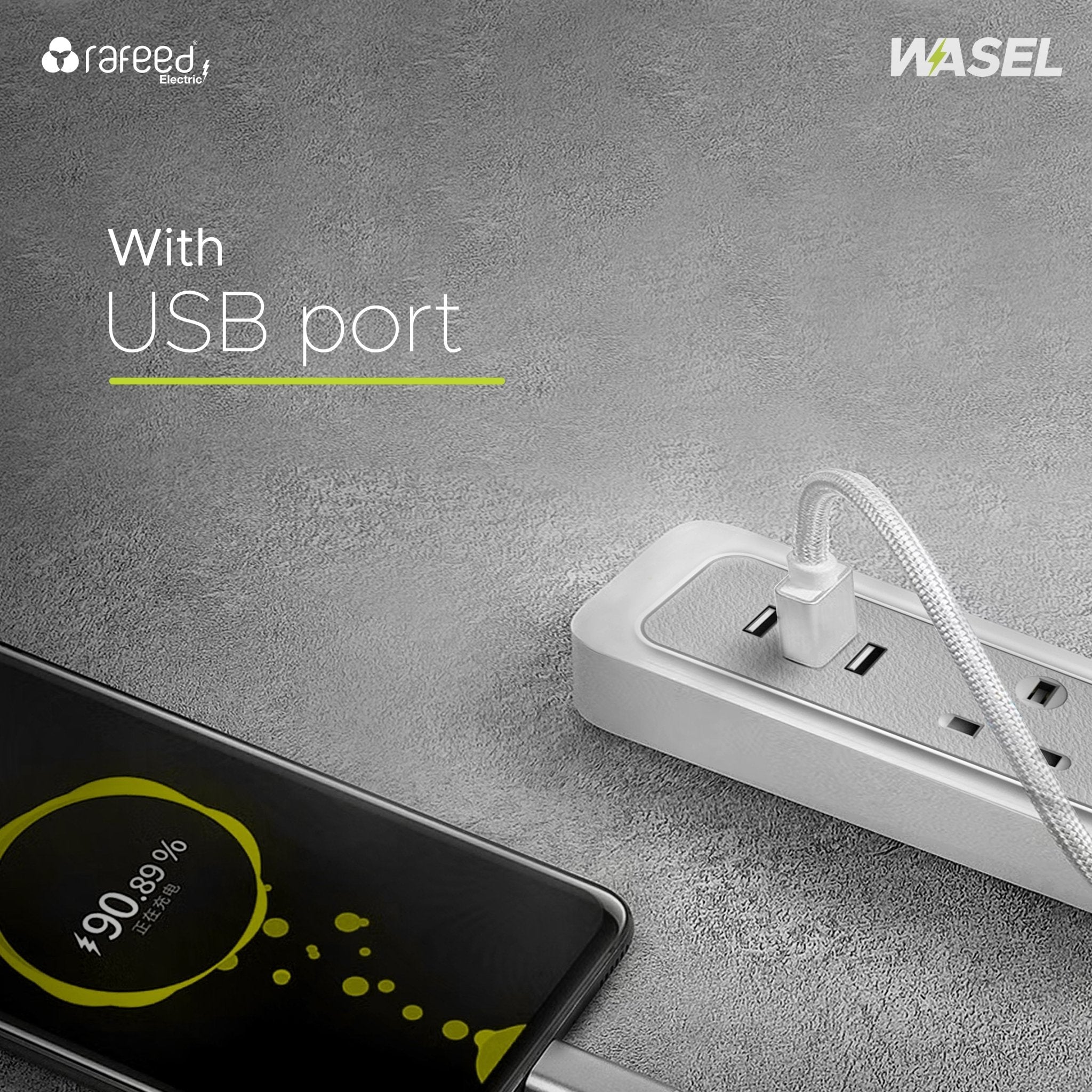RAFEED 4 Gang UK Power Extension Socket 13A 230V with 2 USB-A & 1 USB-C Ports, 5m Rubber Cord – Grey & White, on/off Switch, 2990W