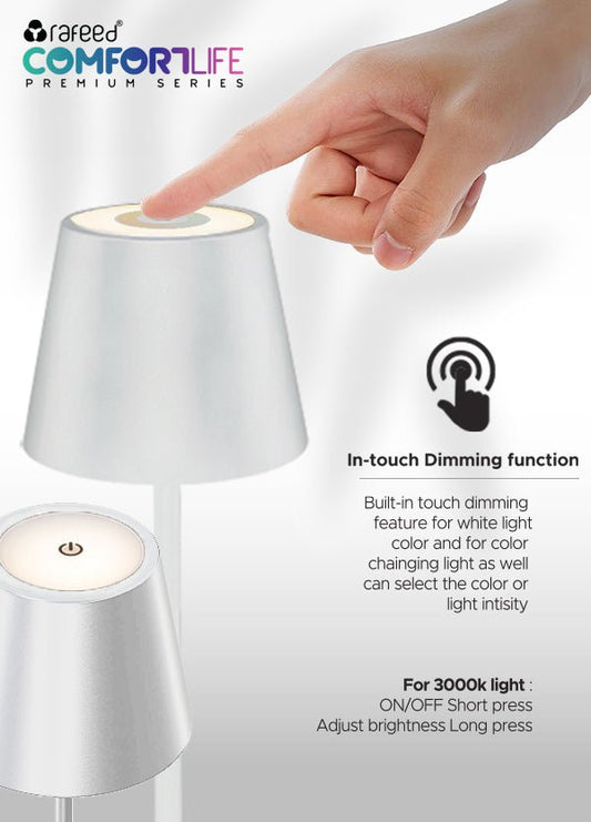 Rafeed Rechargeable LED Table Lamp White, 3W 240lm, Touch Dimming, 3000K Warm Light, USB Charging, 4000mAh Battery, IP52, White