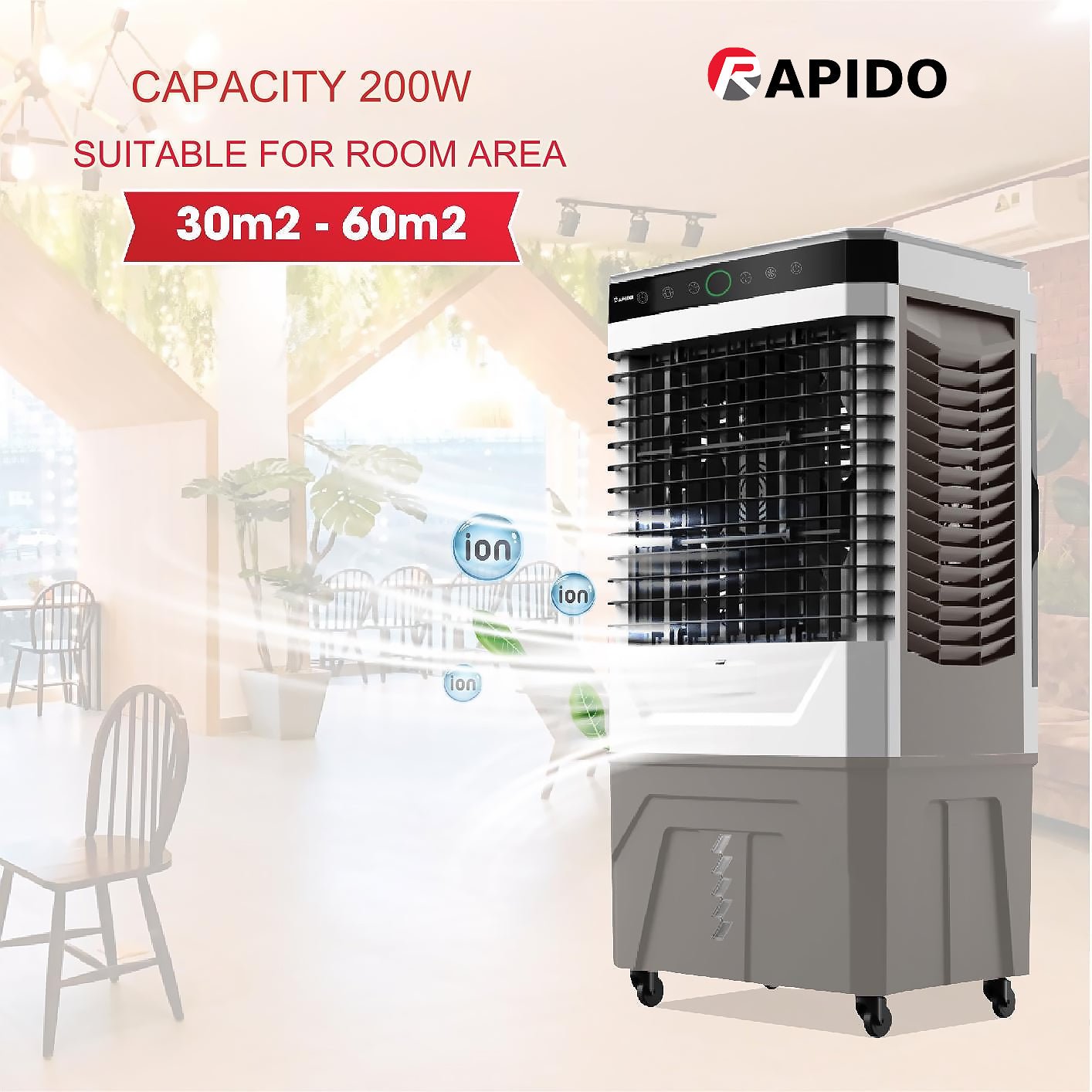 RAPIDO Everest 9000D Air Cooler 60L 200W – 9000m³/h Airflow, Remote Control, Ionizer Air Purifier, Air Quality Sensor