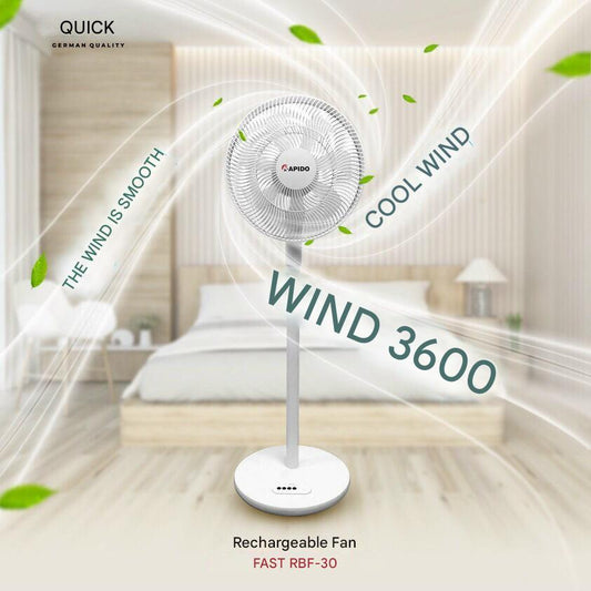 Rapido Rechargeable Fan 6000mAh – Remote Control, 360° Air Circulation, Ultra-Quiet DC Motor, 4 Speeds, 5-Timer Settings