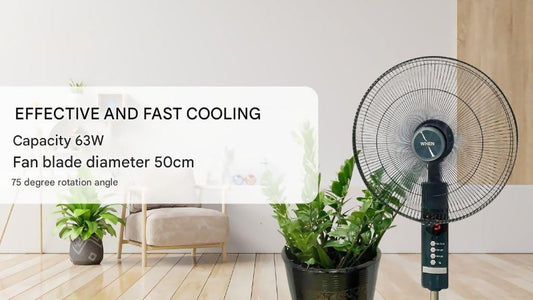 Rapido Standing Fan with Remote Control – 63W High Airflow Pedestal Fan, LED Display, Timer Function, 3 Speed Levels, Adjustable Height up to 1.45m – Ideal for Rooms 20–30 m²