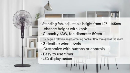 Rapido Standing Fan with Remote Control – 63W High Airflow Pedestal Fan, LED Display, Timer Function, 3 Speed Levels, Adjustable Height up to 1.45m – Ideal for Rooms 20–30 m²