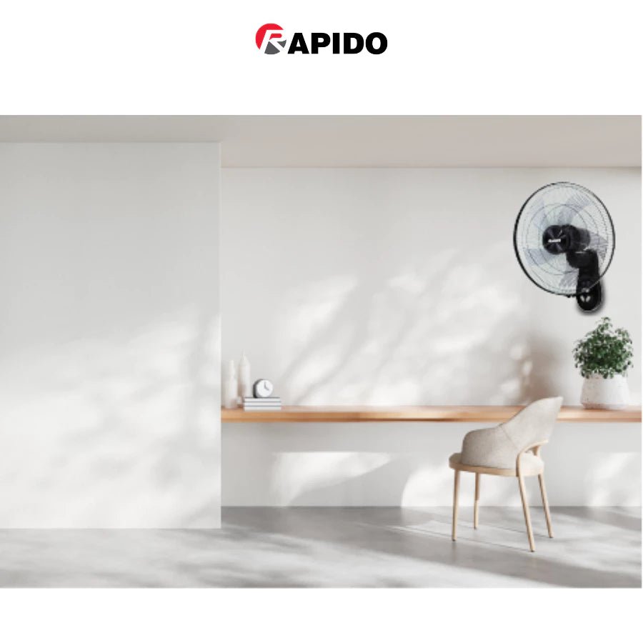 RAPIDO RWF-16AWM 16 Inch Wall Mount Fan 52W – 3 Speed Settings, 80° Oscillation, 3000m³/h Airflow, Pull Cord Control, Black