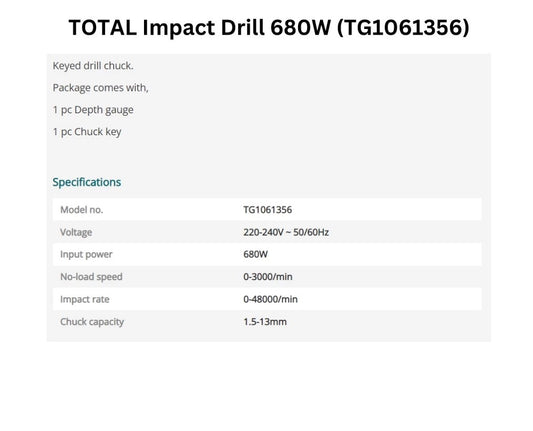 TOTAL Corded Impact Drill 680W, 13mm Chuck, Variable Speed, 45,000 BPM, High-Performance Hammer Drill