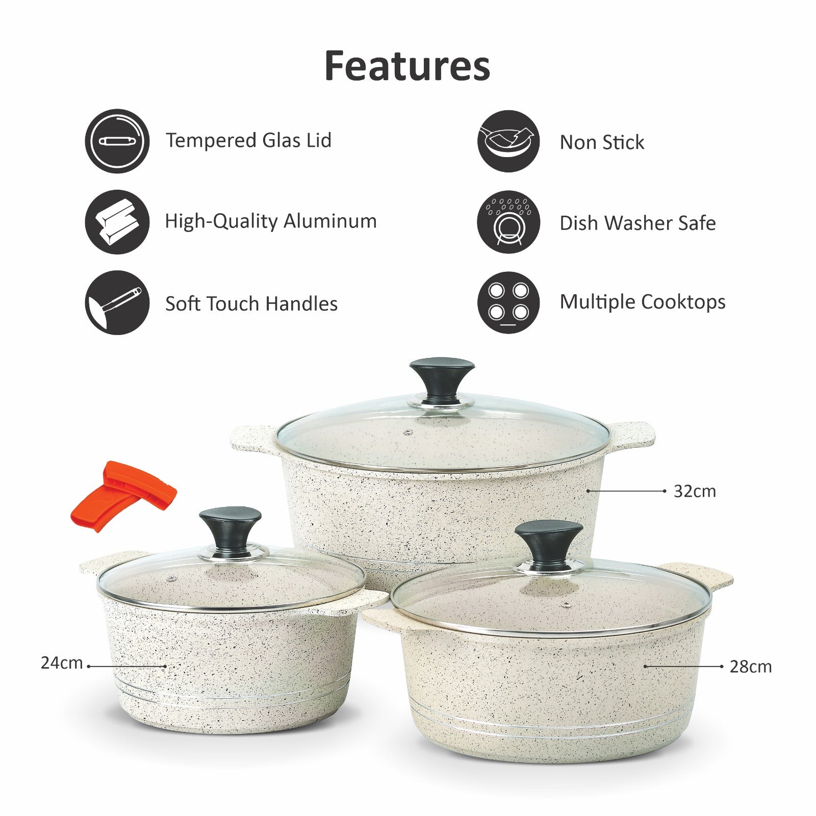 Sonex 10pcs Aluminum Non-Stick Omega Super Cooking Pots Set With Induction, White Marble