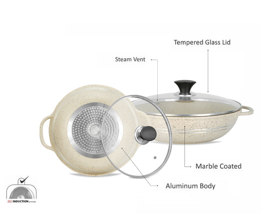 Sonex Aluminum Non-Stick Eden Cooking Wok 2 Handles with Induction, White Marble