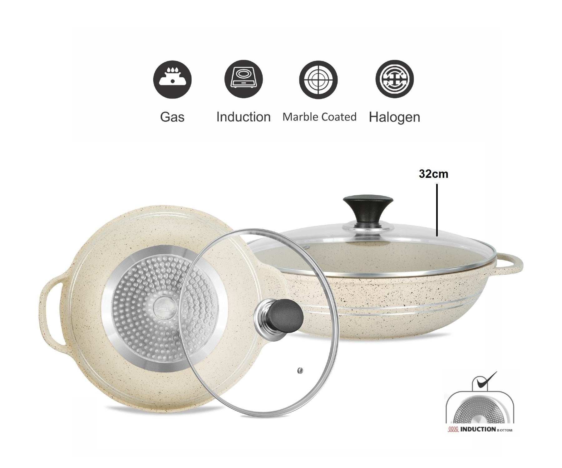 Sonex Aluminum Non-Stick Eden Cooking Wok 2 Handles with Induction, White Marble