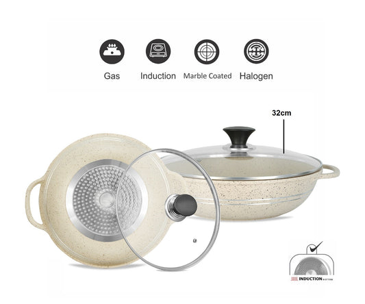 Sonex Aluminum Non-Stick Eden Cooking Wok 2 Handles with Induction, White Marble