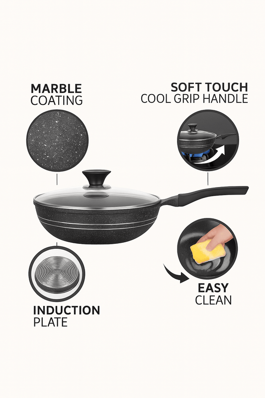 Sonex Aluminum Non Stick Eden Cooking Wok 26cm Tempered Glass Lid with Induction, Grey Marble