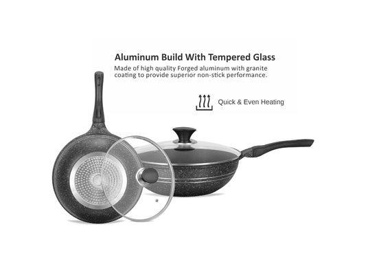 Sonex Aluminum Non Stick Eden Cooking Wok 26cm Tempered Glass Lid with Induction, Grey Marble