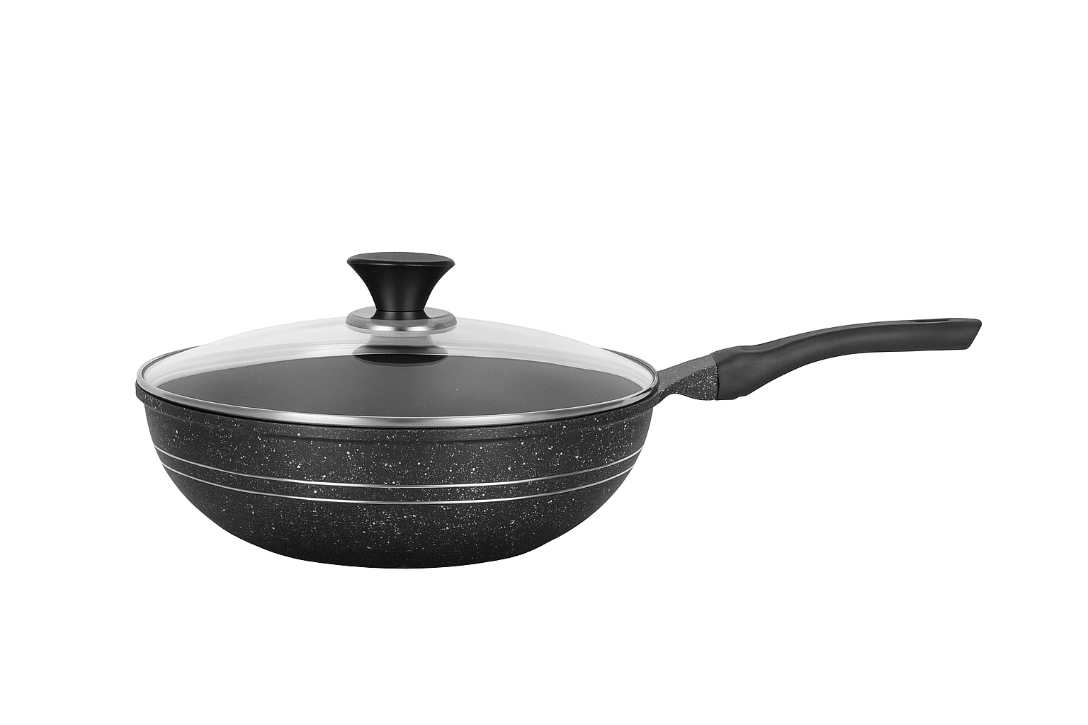 Sonex Aluminum Non Stick Eden Cooking Wok 26cm Tempered Glass Lid with Induction, Grey Marble