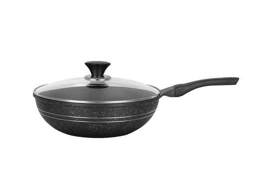 Sonex Aluminum Non Stick Eden Cooking Wok 26cm Tempered Glass Lid with Induction, Grey Marble