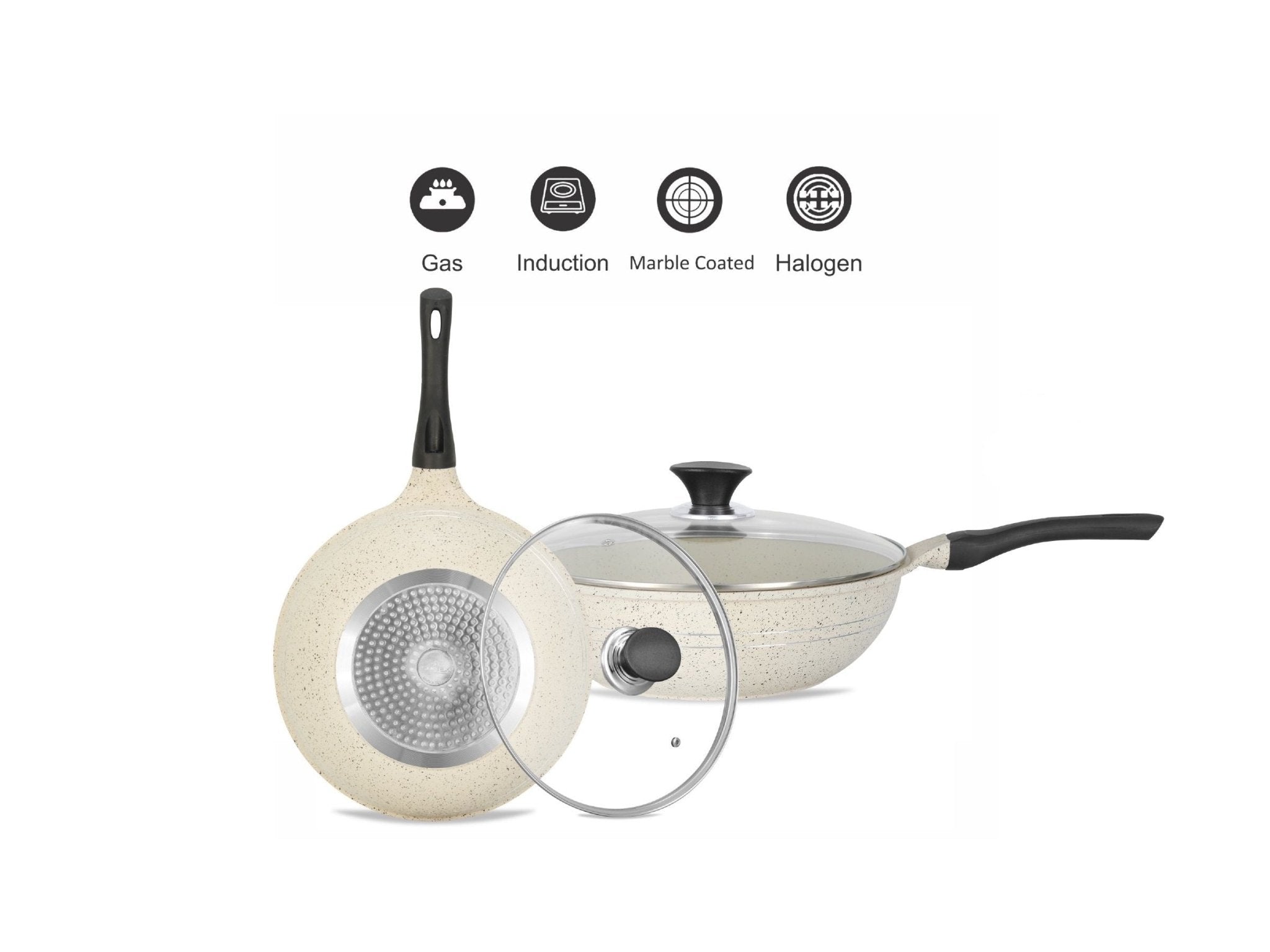 Sonex Aluminum Non Stick Eden Cooking Wok 26cm Tempered Glass Lid with Induction, White Marble