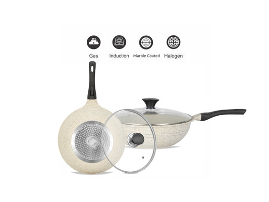 Sonex Aluminum Non Stick Eden Cooking Wok 26cm Tempered Glass Lid with Induction, White Marble