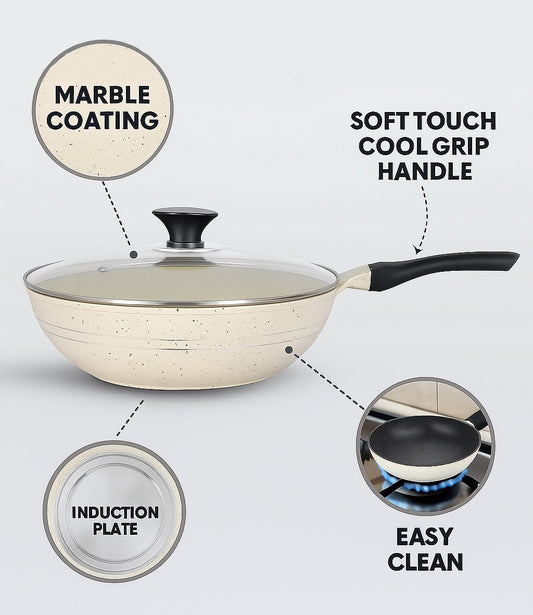 Sonex Aluminum Non Stick Eden Cooking Wok 26cm Tempered Glass Lid with Induction, White Marble