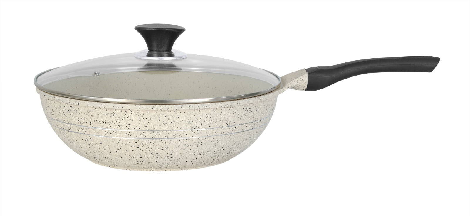 Sonex Aluminum Non Stick Eden Cooking Wok 26cm Tempered Glass Lid with Induction, White Marble
