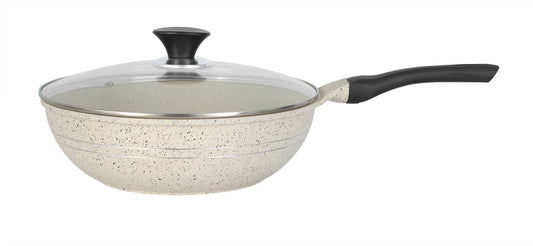 Sonex Aluminum Non Stick Eden Cooking Wok 26cm Tempered Glass Lid with Induction, White Marble