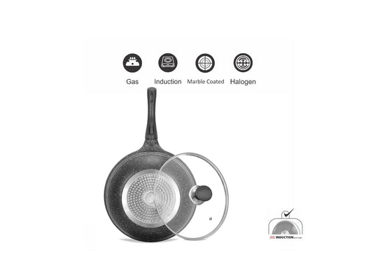 Sonex Aluminum Non Stick Eden Cooking Wok 30cm With Tempered Glass Lid, Induction, Grey Marble