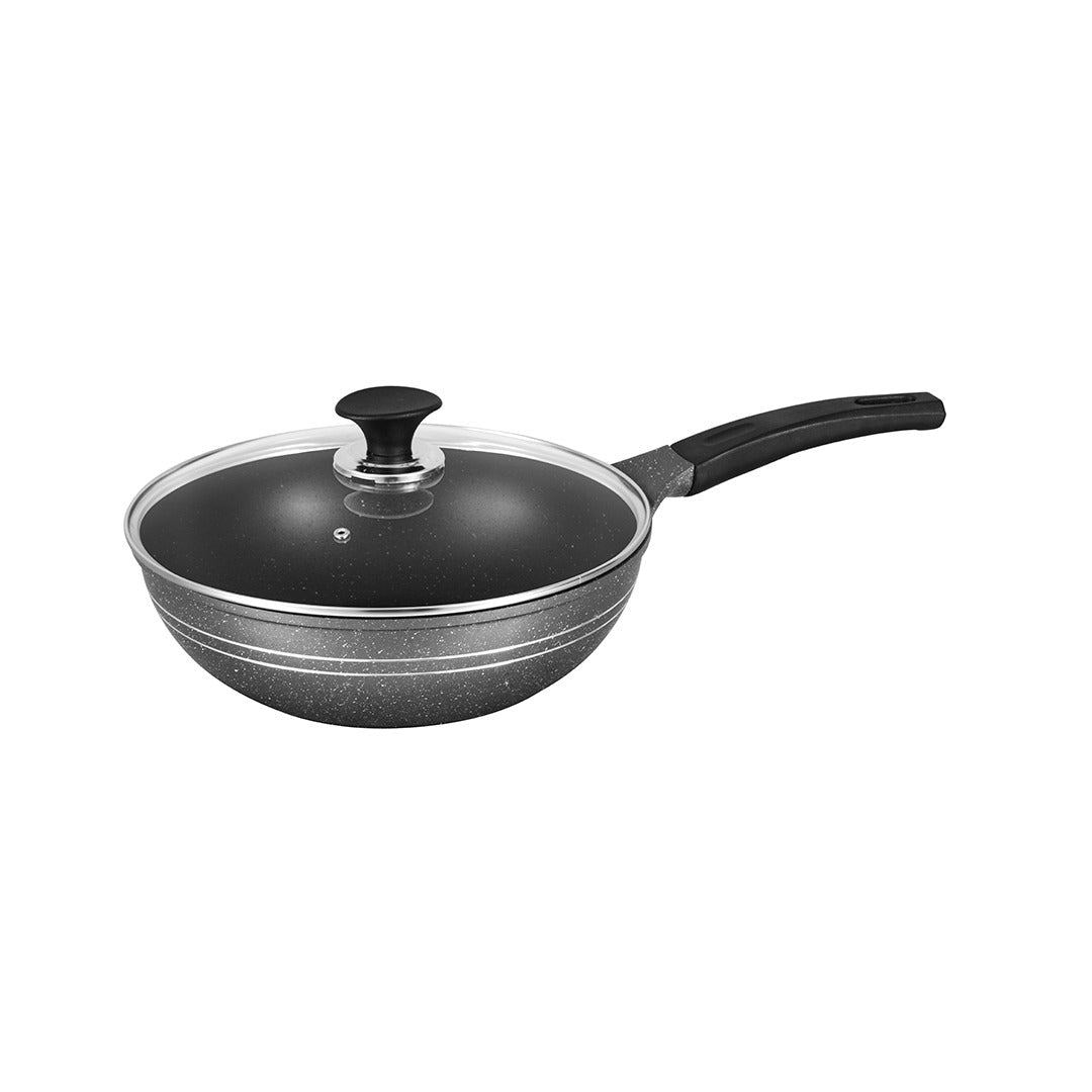 Sonex Aluminum Non Stick Eden Cooking Wok 30cm With Tempered Glass Lid, Induction, Grey Marble
