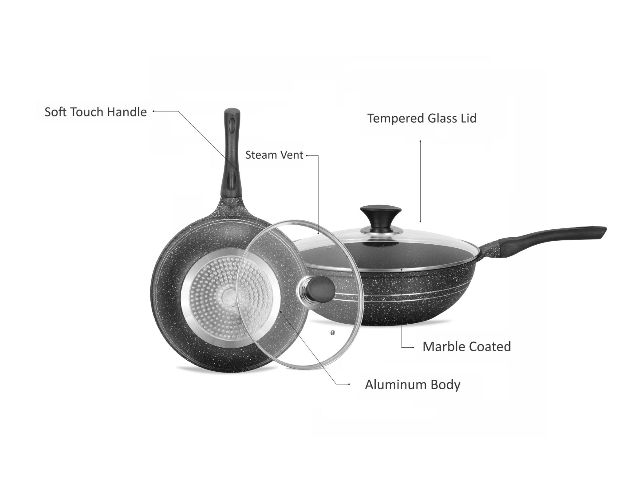 Sonex Aluminum Non Stick Eden Cooking Wok 30cm With Tempered Glass Lid, Induction, Grey Marble