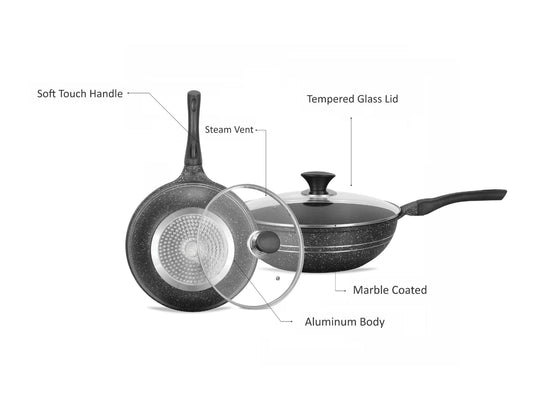 Sonex Aluminum Non Stick Eden Cooking Wok 30cm With Tempered Glass Lid, Induction, Grey Marble