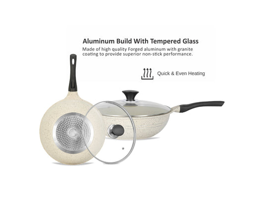 Sonex Aluminum Non Stick Eden Cooking Wok 30cm With Tempered Glass Lid, Induction, White Marble