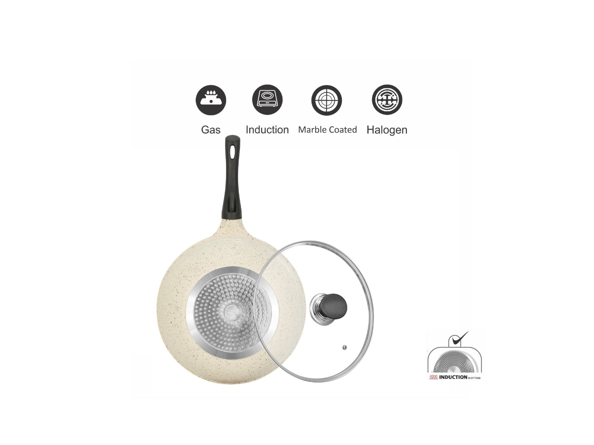 Sonex Aluminum Non Stick Eden Cooking Wok 30cm With Tempered Glass Lid, Induction, White Marble