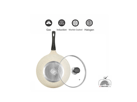 Sonex Aluminum Non Stick Eden Cooking Wok 30cm With Tempered Glass Lid, Induction, White Marble