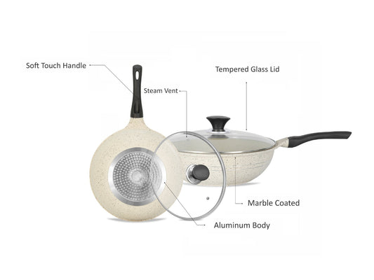 Sonex Aluminum Non Stick Eden Cooking Wok 30cm With Tempered Glass Lid, Induction, White Marble