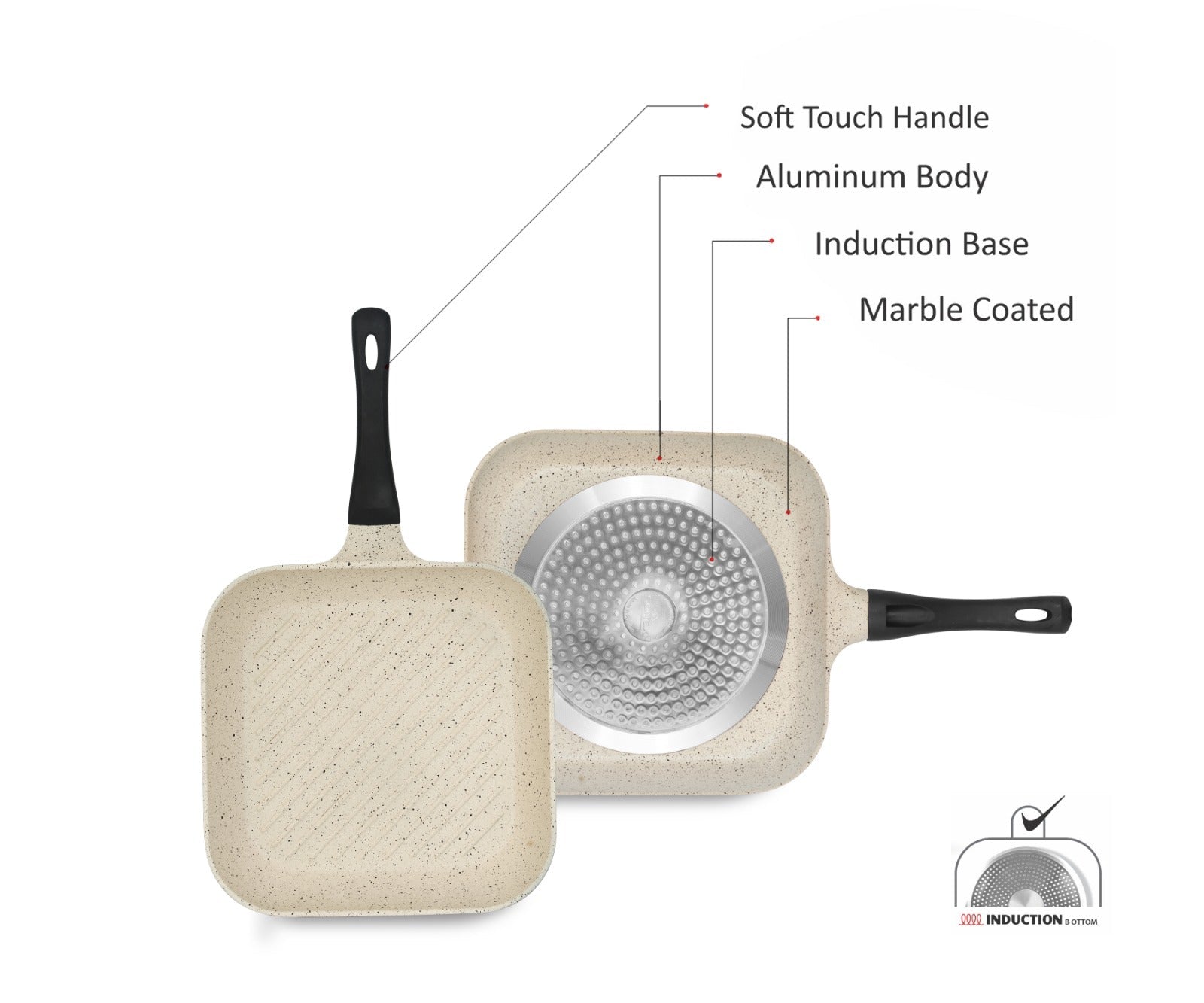 Sonex Aluminum Non Stick Eden Grill Pan with Induction 28cm, White Marble