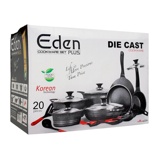 Sonex EDEN PLUS 20-Piece Marble Coating Cookware Set with Glass Lids | Non-Stick Pots & Pans | Black Gift Pack