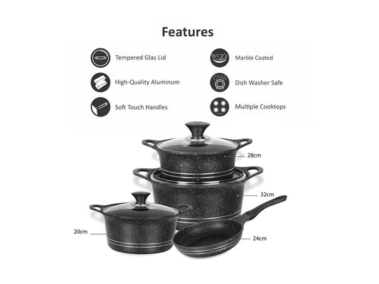 Sonex EDEN PLUS 20-Piece Marble Coating Cookware Set with Glass Lids | Non-Stick Pots & Pans | Black Gift Pack